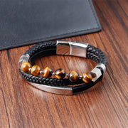 Buddha Stones Tiger Eye Bead Multi-layered Grounding Leather Buckle Bracelet