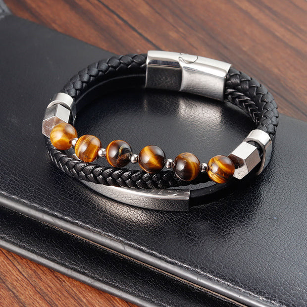 Buddha Stones Tiger Eye Bead Multi-layered Grounding Leather Buckle Bracelet Bracelet BS 4