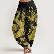 Buddha Stones Dragon Auspicious Clouds Women's Elastic Waist Harem Pants Women's Harem Pants BS Black US22，UK/AU26，EU54 (6XL)