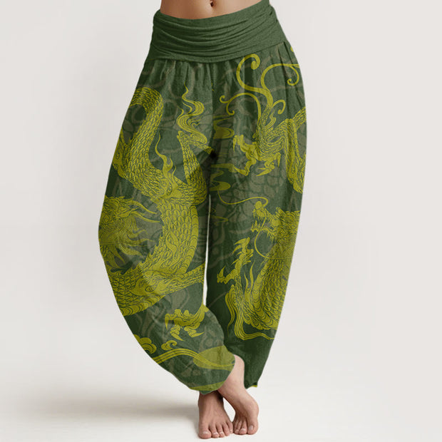 Buddha Stones Dragon Auspicious Clouds Women's Elastic Waist Harem Pants Women's Harem Pants BS DarkOliveGreen US22，UK/AU26，EU54 (6XL)