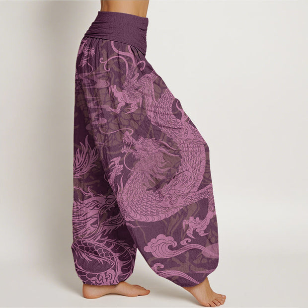 Buddha Stones Dragon Auspicious Clouds Women's Elastic Waist Harem Pants Women's Harem Pants BS 9