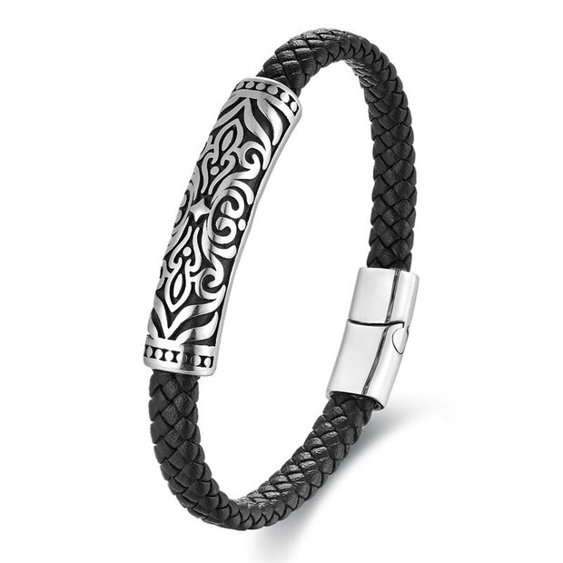 Buddha Stones Flower Pattern Design Titanium Steel Strengthen Leather Buckle Bracelet