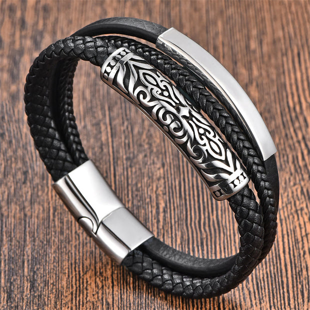 Buddha Stones Flower Pattern Design Titanium Steel Strengthen Leather Buckle Bracelet Bracelet BS Double Layer(Wrist Circumference: 18-20cm)