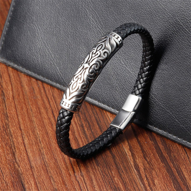 Buddha Stones Flower Pattern Design Titanium Steel Strengthen Leather Buckle Bracelet Bracelet BS 8