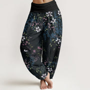 Buddha Stones Small White Blossoms Green Leaves Women's Elastic Waist Harem Pants Women's Harem Pants BS Black US22，UK/AU26，EU54 (6XL)