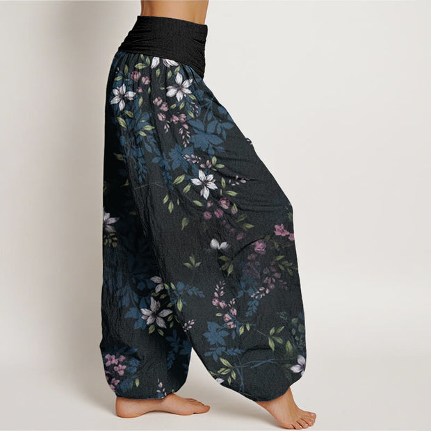 Buddha Stones Small White Blossoms Green Leaves Women's Elastic Waist Harem Pants Women's Harem Pants BS 2