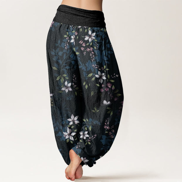 Buddha Stones Small White Blossoms Green Leaves Women's Elastic Waist Harem Pants Women's Harem Pants BS 1