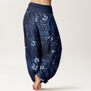 Buddha Stones Small White Blossoms Green Leaves Women's Elastic Waist Harem Pants Women's Harem Pants BS 5