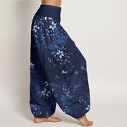 Buddha Stones Small White Blossoms Green Leaves Women's Elastic Waist Harem Pants Women's Harem Pants BS 6