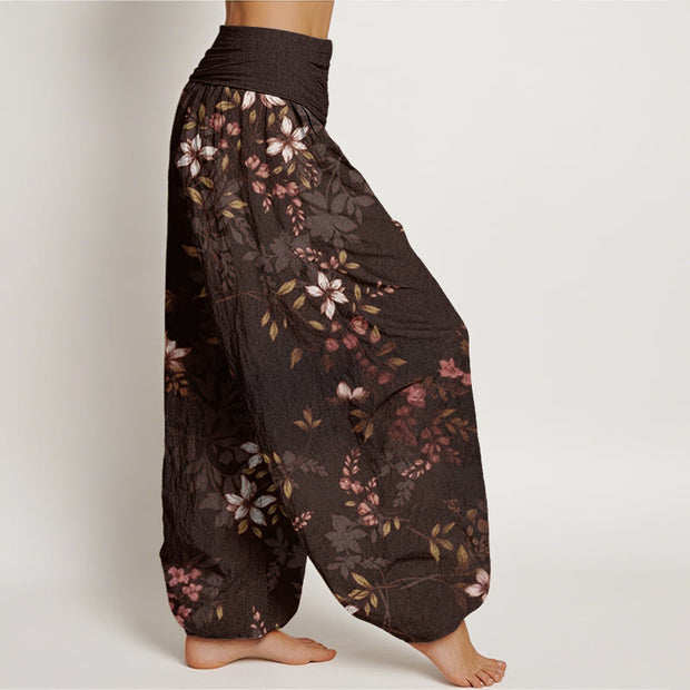 Buddha Stones Small White Blossoms Green Leaves Women's Elastic Waist Harem Pants Women's Harem Pants BS 9