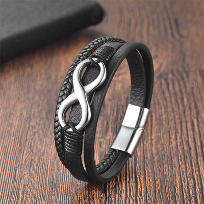 Buddha Stones Eternal Endless Knot Infinity Symbol Titanium Steel Calm Leather Buckle Bracelet Bracelet BS Silver(Wrist Circumference: 18-20cm)