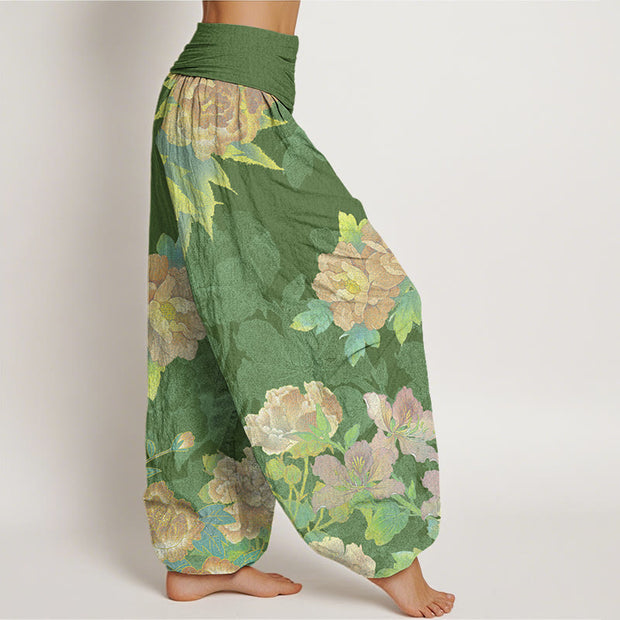 Buddha Stones Big Pink Peonies Green Leaves Women's Elastic Waist Harem Pants Women's Harem Pants BS 2