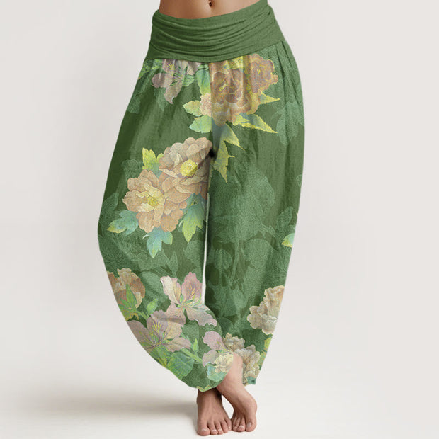 Buddha Stones Big Pink Peonies Green Leaves Women's Elastic Waist Harem Pants Women's Harem Pants BS OliveDrab US22，UK/AU26，EU54 (6XL)