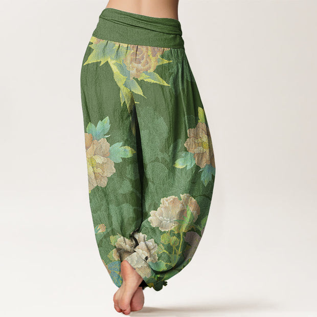 Buddha Stones Big Pink Peonies Green Leaves Women's Elastic Waist Harem Pants Women's Harem Pants BS 1