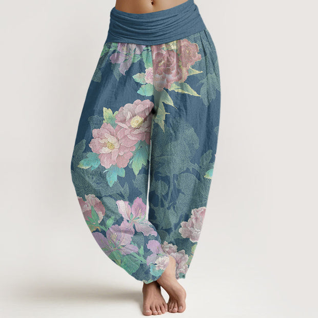 Buddha Stones Big Pink Peonies Green Leaves Women's Elastic Waist Harem Pants Women's Harem Pants BS SteelBlue US22，UK/AU26，EU54 (6XL)