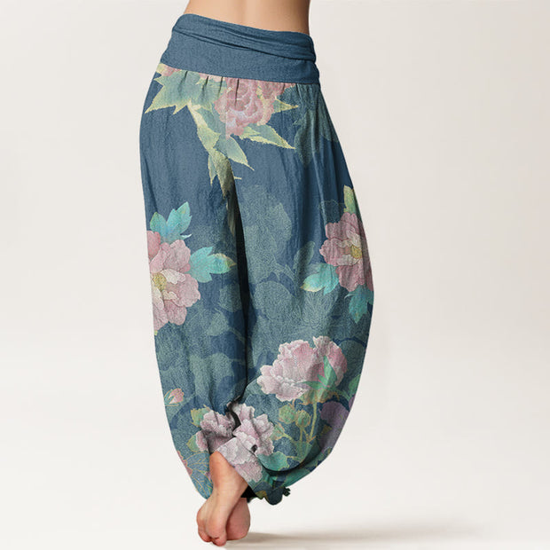 Buddha Stones Big Pink Peonies Green Leaves Women's Elastic Waist Harem Pants Women's Harem Pants BS 5