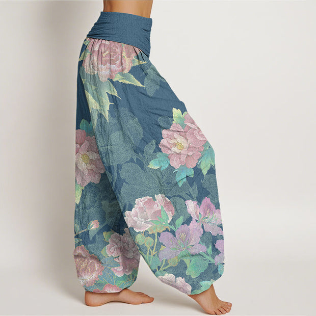 Buddha Stones Big Pink Peonies Green Leaves Women's Elastic Waist Harem Pants Women's Harem Pants BS 6