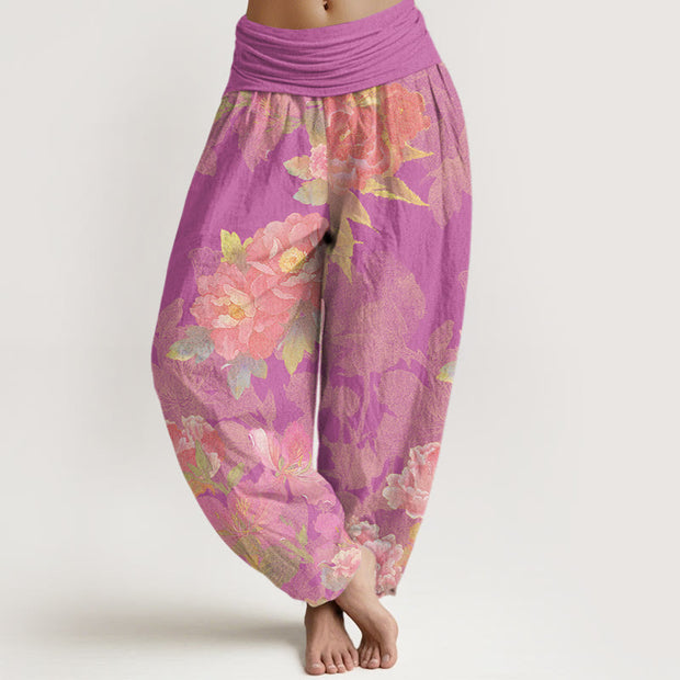 Buddha Stones Big Pink Peonies Green Leaves Women's Elastic Waist Harem Pants Women's Harem Pants BS Orchid US22，UK/AU26，EU54 (6XL)