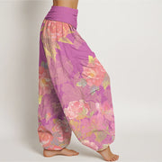 Buddha Stones Big Pink Peonies Green Leaves Women's Elastic Waist Harem Pants Women's Harem Pants BS 9