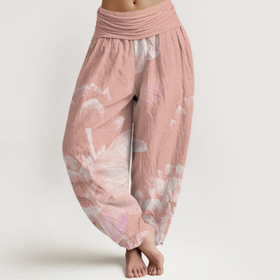 Buddha Stones Pink And White Lotus Women's Elastic Waist Harem Pants Women's Harem Pants BS DarkSalmon US22，UK/AU26，EU54 (6XL)