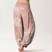 Buddha Stones Pink And White Lotus Women's Elastic Waist Harem Pants Women's Harem Pants BS 1