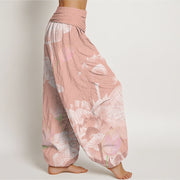 Buddha Stones Pink And White Lotus Women's Elastic Waist Harem Pants Women's Harem Pants BS 2