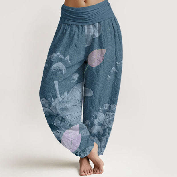 Buddha Stones Pink And White Lotus Women's Elastic Waist Harem Pants Women's Harem Pants BS SteelBlue US22，UK/AU26，EU54 (6XL)