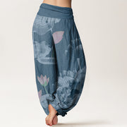 Buddha Stones Pink And White Lotus Women's Elastic Waist Harem Pants Women's Harem Pants BS 5