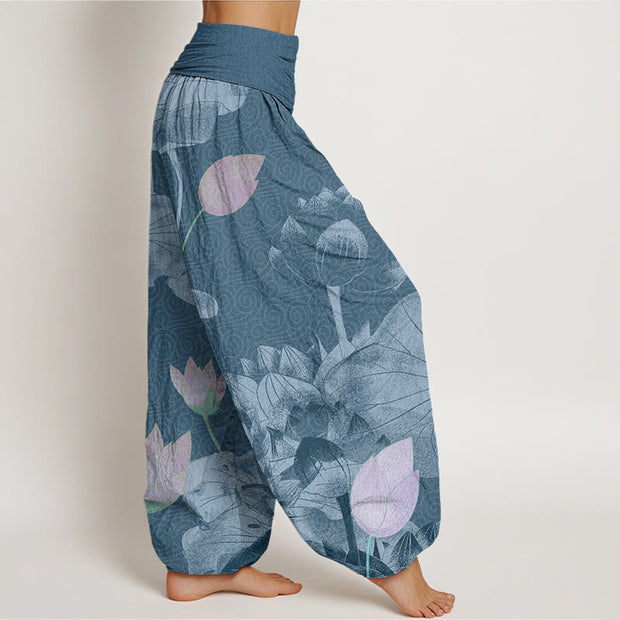 Buddha Stones Pink And White Lotus Women's Elastic Waist Harem Pants Women's Harem Pants BS 6