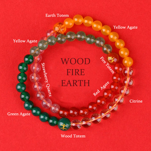 Buddha Stones Five Elements Various Crystal Agate Strawberry Quartz Wisdom Bracelet Bracelet BS Wood Fire Earth(Wrist Circumference: 14-16cm)