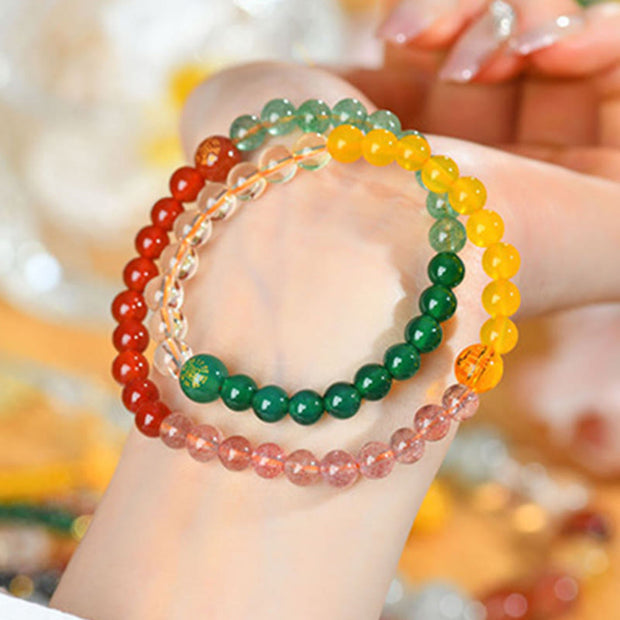 Buddha Stones Five Elements Various Crystal Agate Strawberry Quartz Wisdom Bracelet