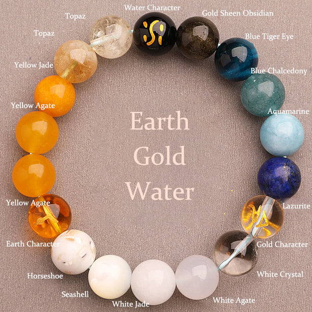 Buddha Stones Five Elements Various Agate Crystal Sun Stone Wisdom Bracelet Bracelet BS Earth Gold Water(Wrist Circumference: 14-16cm) 12mm