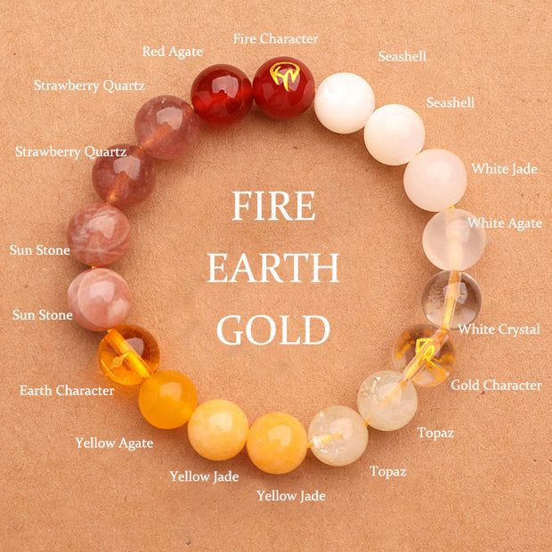 Buddha Stones Five Elements Various Agate Crystal Sun Stone Wisdom Bracelet Bracelet BS Fire Earth Gold(Wrist Circumference: 14-16cm) 10mm