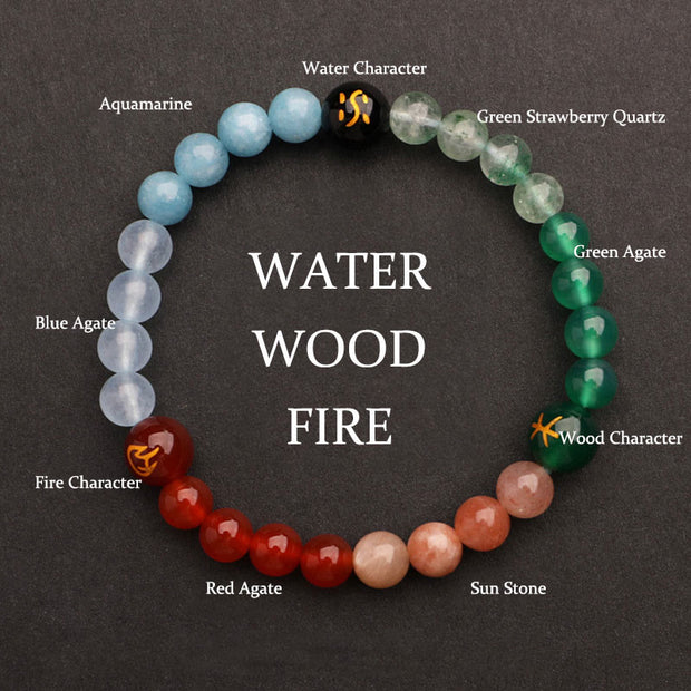 Buddha Stones Five Elements Various Agate Crystal Sun Stone Wisdom Bracelet Bracelet BS Water Wood Fire(Wrist Circumference: 14-16cm) 6mm