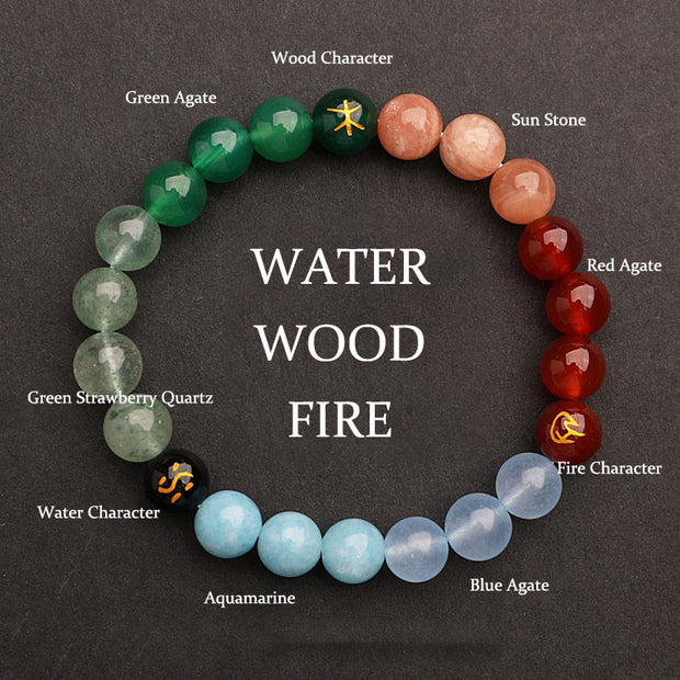 Buddha Stones Five Elements Various Agate Crystal Sun Stone Wisdom Bracelet Bracelet BS Water Wood Fire(Wrist Circumference: 14-16cm) 8mm