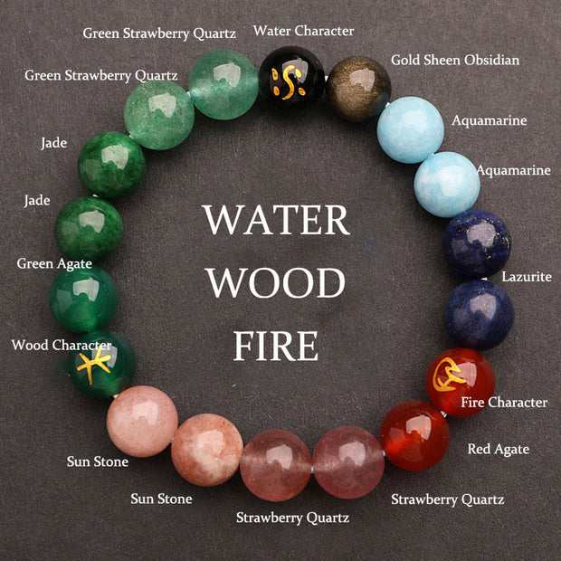 Buddha Stones Five Elements Various Agate Crystal Sun Stone Wisdom Bracelet Bracelet BS Water Wood Fire(Wrist Circumference: 14-16cm) 10mm