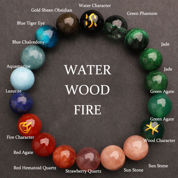 Buddha Stones Five Elements Various Agate Crystal Sun Stone Wisdom Bracelet Bracelet BS Water Wood Fire(Wrist Circumference: 14-16cm) 12mm