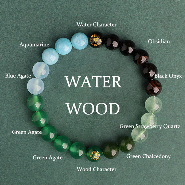 Buddha Stones Five Elements Various Agate Crystal Black Onyx Green Chalcedony Aquamarine Wisdom Bracelet Bracelet BS Water Wood(Wrist Circumference: 14-16cm) 8mm