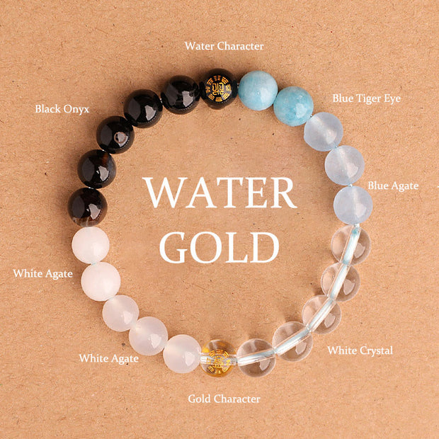 Buddha Stones Five Elements Various Agate Crystal Black Onyx Green Chalcedony Aquamarine Wisdom Bracelet Bracelet BS Gold Water(Wrist Circumference: 14-16cm) 8mm