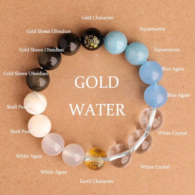 Buddha Stones Five Elements Various Agate Crystal Black Onyx Green Chalcedony Aquamarine Wisdom Bracelet Bracelet BS Gold Water(Wrist Circumference: 14-16cm) 12mm