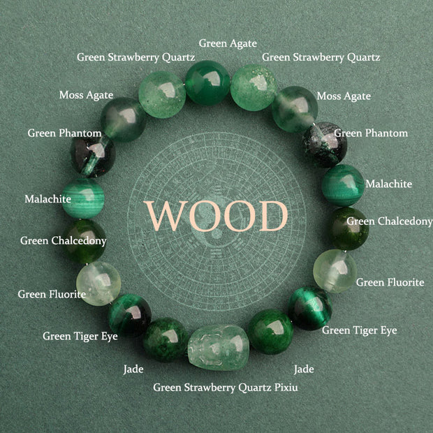 Buddha Stones Five Elements Various Agate Crystal Green Strawberry Quartz Moss Agate Green Phantom Luck Bracelet Bracelet BS Wood(Wrist Circumference: 14-16cm) 10mm