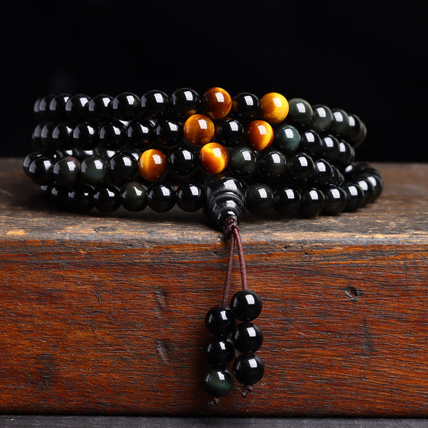 Buddha Stones 108 Mala Beads Black Obsidian lce Obsidian Fulfilment Bracelet Mala Bracelet BS Black Obsidian Tiger Eye(Wrist Circumference: 14-16cm) 6mm