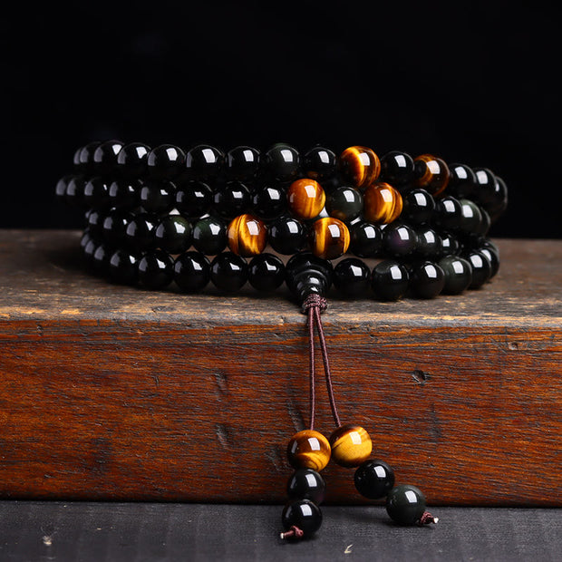 Buddha Stones 108 Mala Beads Black Obsidian lce Obsidian Fulfilment Bracelet