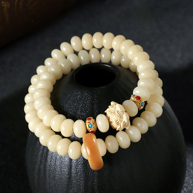 Buddha Stones Bodhi Seed Peach Wood Lotus Wealth Double Wrap Bracelet Bracelet BS 10