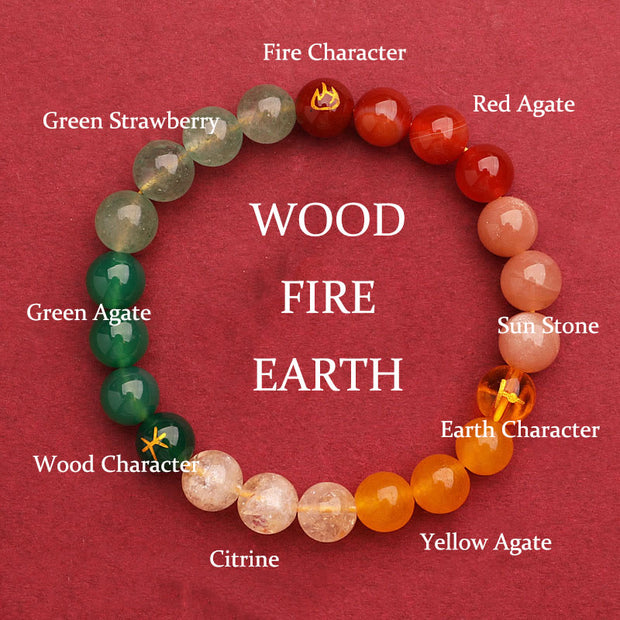 Buddha Stones Five Elements Various Agate Crystal Green Strawberry Quartz Sun Stone Wealth Bracelet Bracelet BS Fire Earth Wood(Wrist Circumference: 14-16cm) 8mm