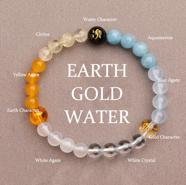 Buddha Stones Five Elements Various Agate Crystal Green Strawberry Quartz Sun Stone Wealth Bracelet Bracelet BS Gold Earth Water(Wrist Circumference: 14-16cm) 6mm