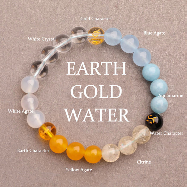 Buddha Stones Five Elements Various Agate Crystal Green Strawberry Quartz Sun Stone Wealth Bracelet Bracelet BS Gold Earth Water(Wrist Circumference: 14-16cm) 8mm