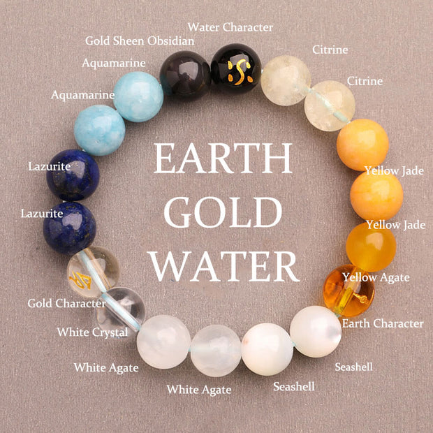 Buddha Stones Five Elements Various Agate Crystal Green Strawberry Quartz Sun Stone Wealth Bracelet Bracelet BS Gold Earth Water(Wrist Circumference: 14-16cm) 10mm