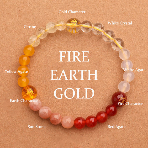 Buddha Stones Five Elements Various Agate Crystal Green Strawberry Quartz Sun Stone Wealth Bracelet Bracelet BS Gold Fire Earth(Wrist Circumference: 14-16cm) 6mm