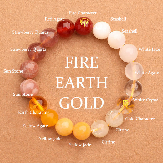 Buddha Stones Five Elements Various Agate Crystal Green Strawberry Quartz Sun Stone Wealth Bracelet Bracelet BS Gold Fire Earth(Wrist Circumference: 14-16cm) 10mm